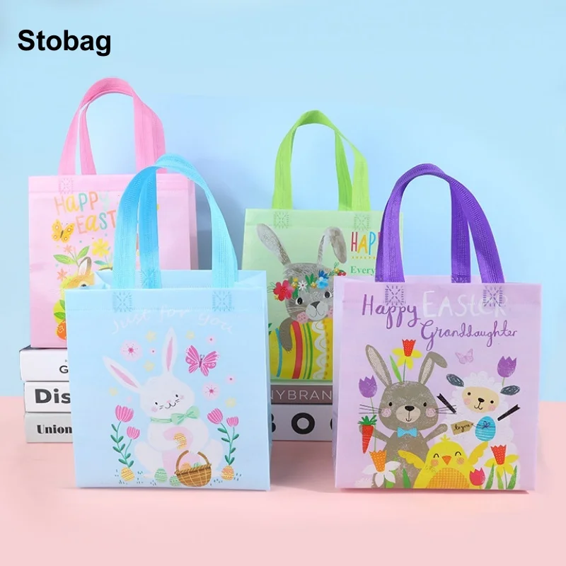 

StoBag 12pcs Non-woven Tote Bags Easter Egg Rabbit Gift Fabric Candy Snack Package Waterproof Storage Reusable Pouch Party Favor