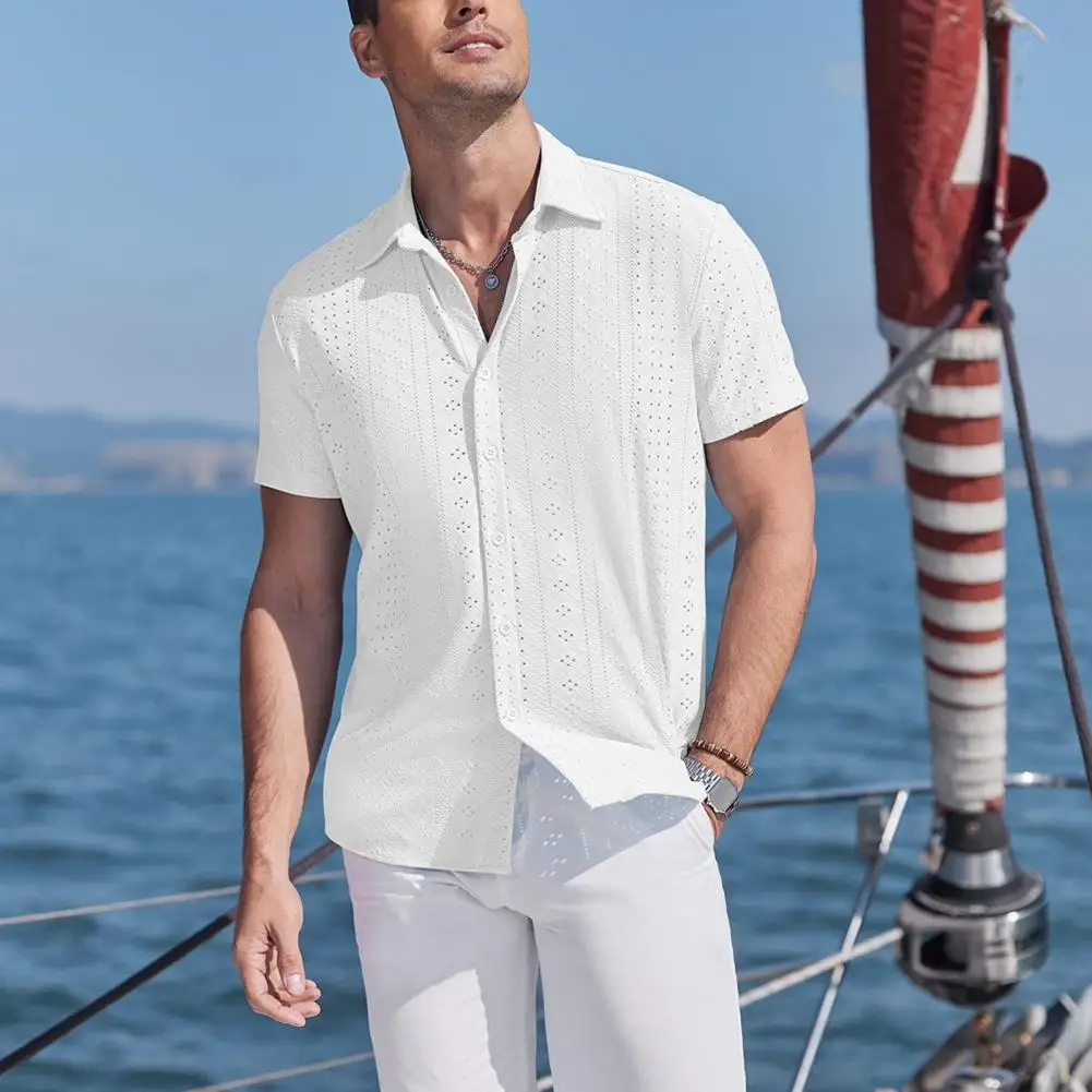 

Men Loose Fit Beach Shirt Stylish Men's Hollow Out Summer Shirt with Turn-down Collar Short Sleeves Breathable Vacation for A