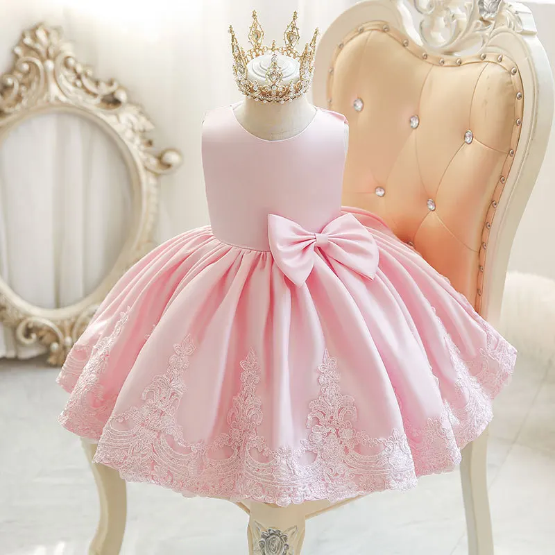 

Baby Girls Ball Gowns Pink Big Bow Sweet Kids Lace Stitching Princess Dress Toddler Birthday Party Children Baptism Frocks y157