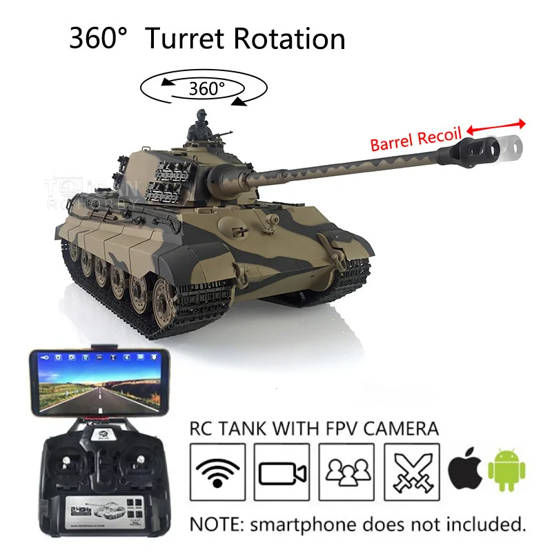 Henglong 1/16 7.0 King Tiger RTR RC Tank 3888A FPV 360 Turret Rotation Barrel Recoil Smoke Effect BBs Airsoft TH19738-SMT7 6