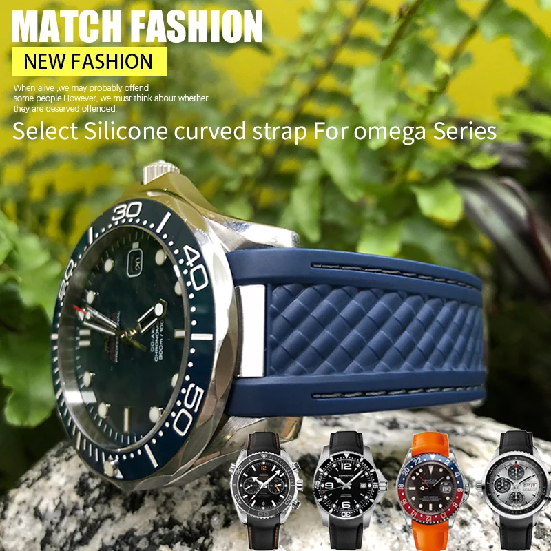 Cinturino In Gomma Curvo 19Mm 20Mm Adatto Per Omega At150 Seamaster 300 Aqua Terra Diving Bracciali Cinturino In Silicone Nero Blu