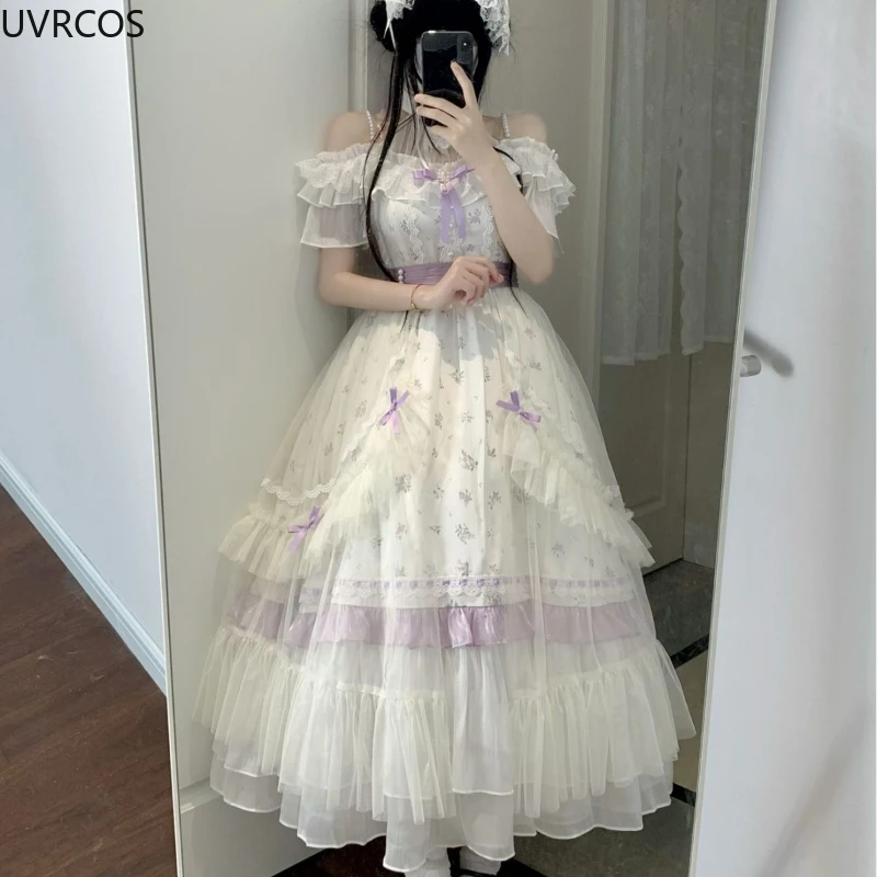 Victorian Vintage Lolita OP Dress Women Bow Ruffles Off Shoulder floral long Party Dress lolita dress,lolita cosplay costumes