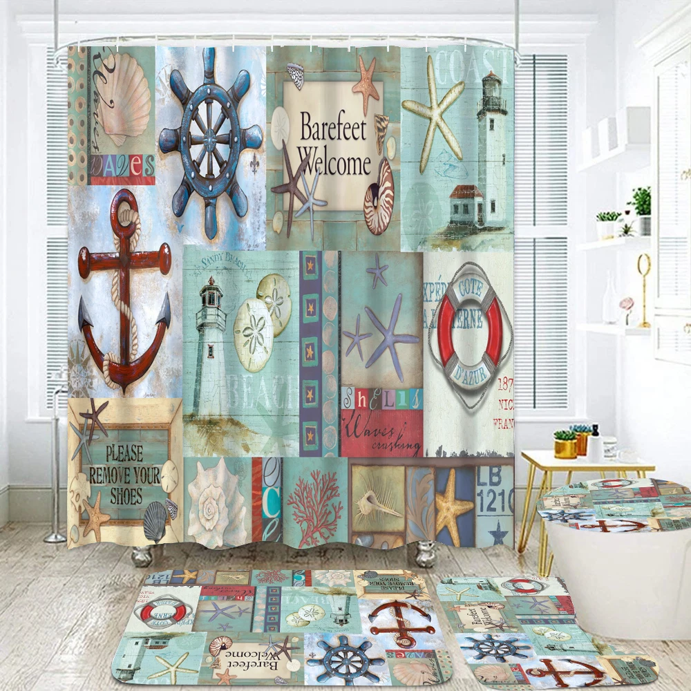 

Retro style lighthouse Anchor Waterproof Shower Curtain Set Bathroom Curtain Non-Slip Rugs Bath Mat Toilet Lid Cover Carpet Deco