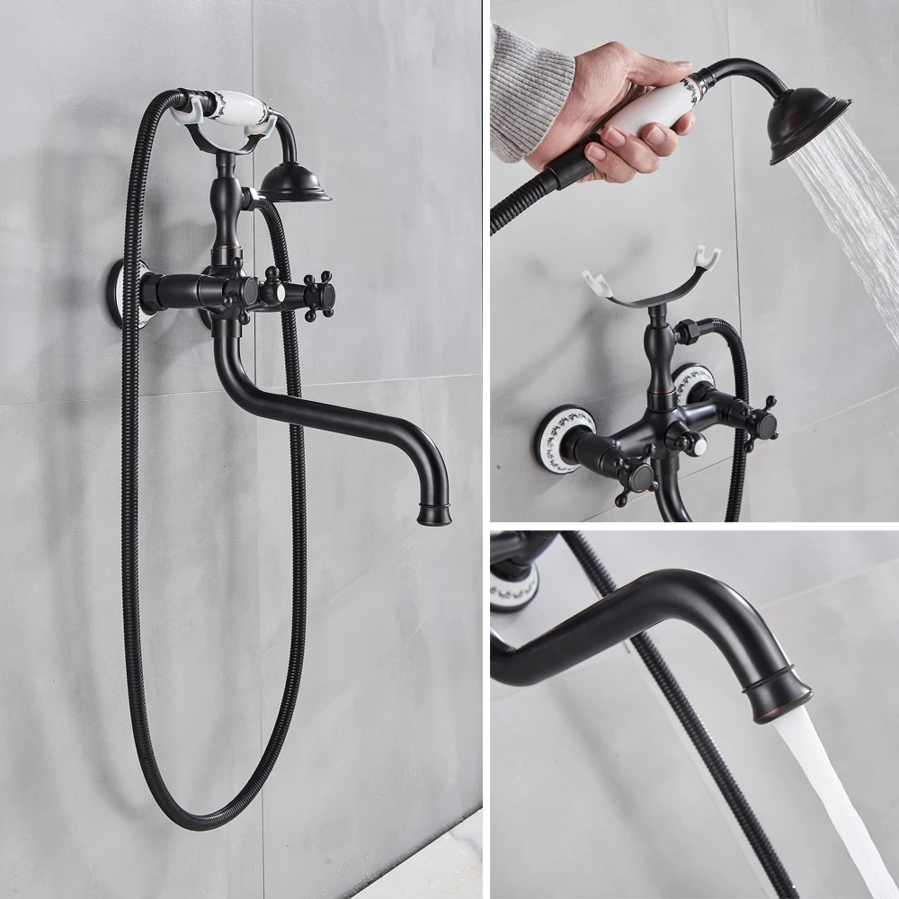 Black Bronze Bathtub Faucet Dual Handle Handheld Bath Shower with Hand Shower Wall Mount Swivel Spout Tub Sink Mixer Faucet 4