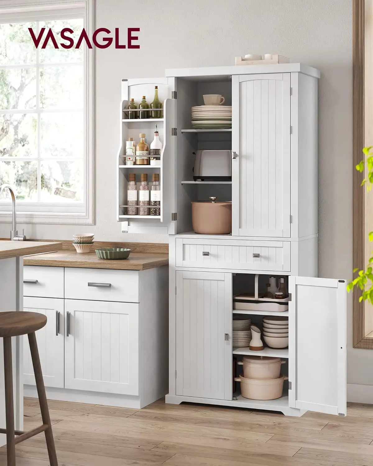 71.7-Inch High Freestanding Tall Cupboard Storage Cabinet with a Drawer, 2 Cabinets, 4 Adjustable Shelves, 6 Door Shelves