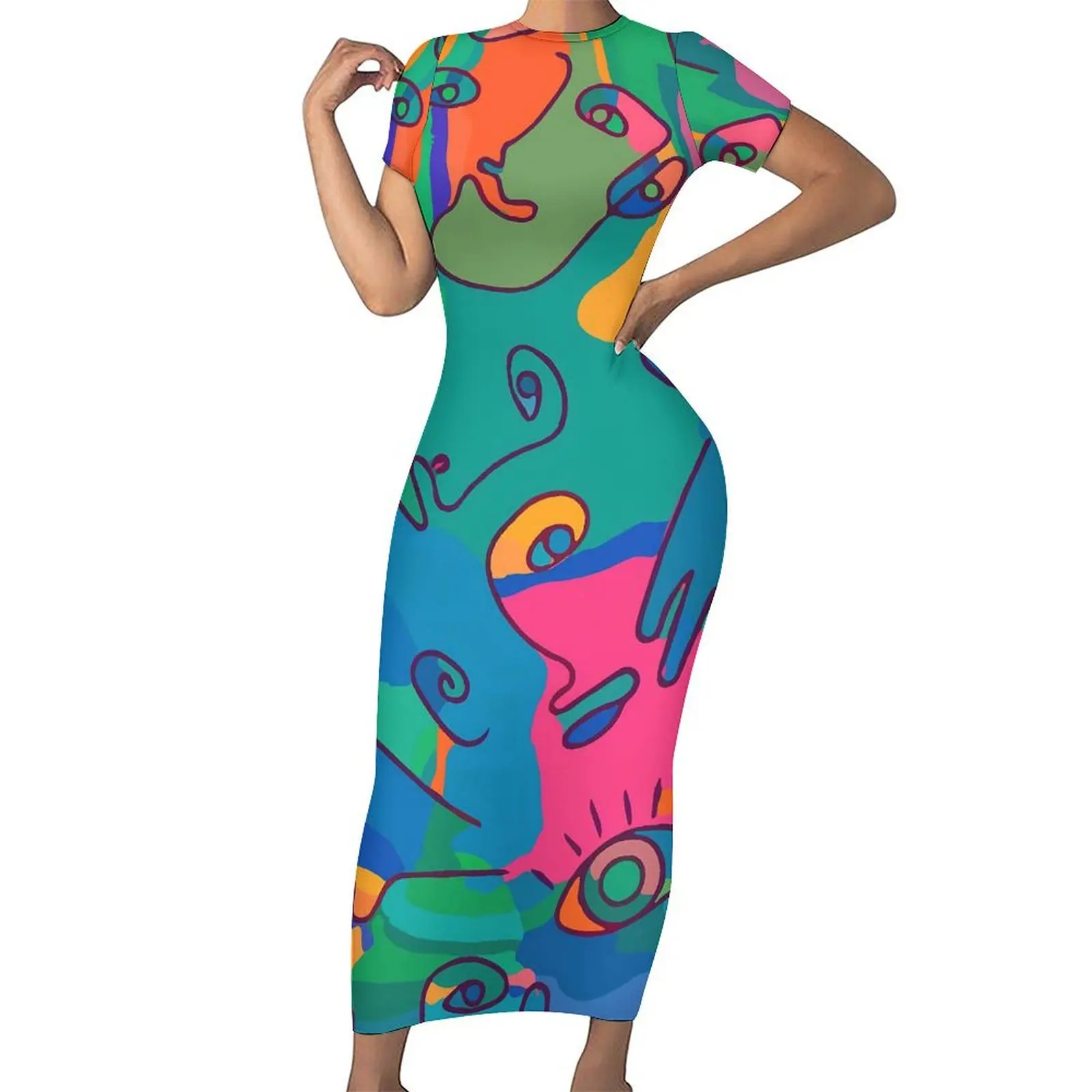 

Винтажное облегающее платье с цветными блоками, Платья-макси для ночного клуба с абстрактным изображением лица и пальцев, праздничная уличная одежда с коротким рукавом, платье большого размера