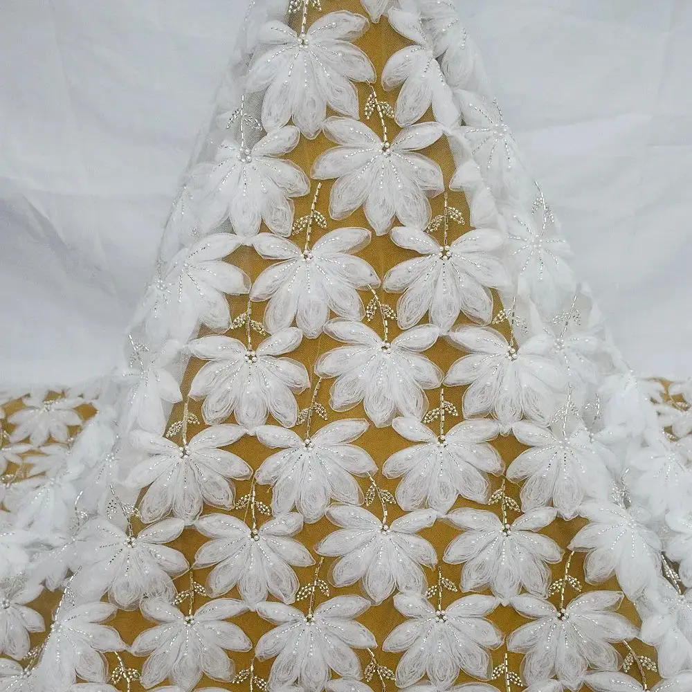 

New White Pearl Beads 3D Coiling Floral Wedding Dress 2024 Lace Fabric Material Bead Swiss Voile Leaf Lace Fabric 5 Yards HY2665