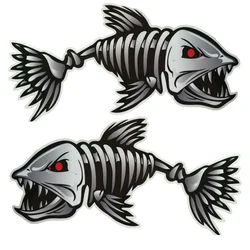 Set of 2 Scary Fish Skeleton Waterproof Stickers for Kayak, Canoe, Marine Boat, Car, and Truck (25x13cm)