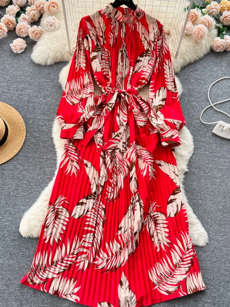 

French Vintage Casual Pleated Long Dress Women Autumn Fashion Full Sleeved Beach Maxi Vacation Print Robe Female Vestidos New