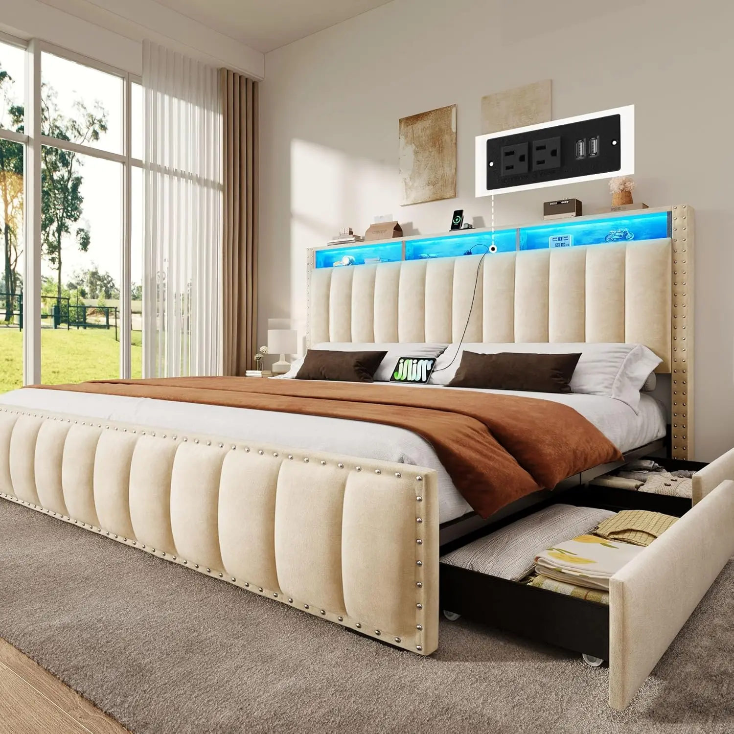 Bed Frame with 4 Storage Drawers and RGB LED Lights Velvet Upholstered ...