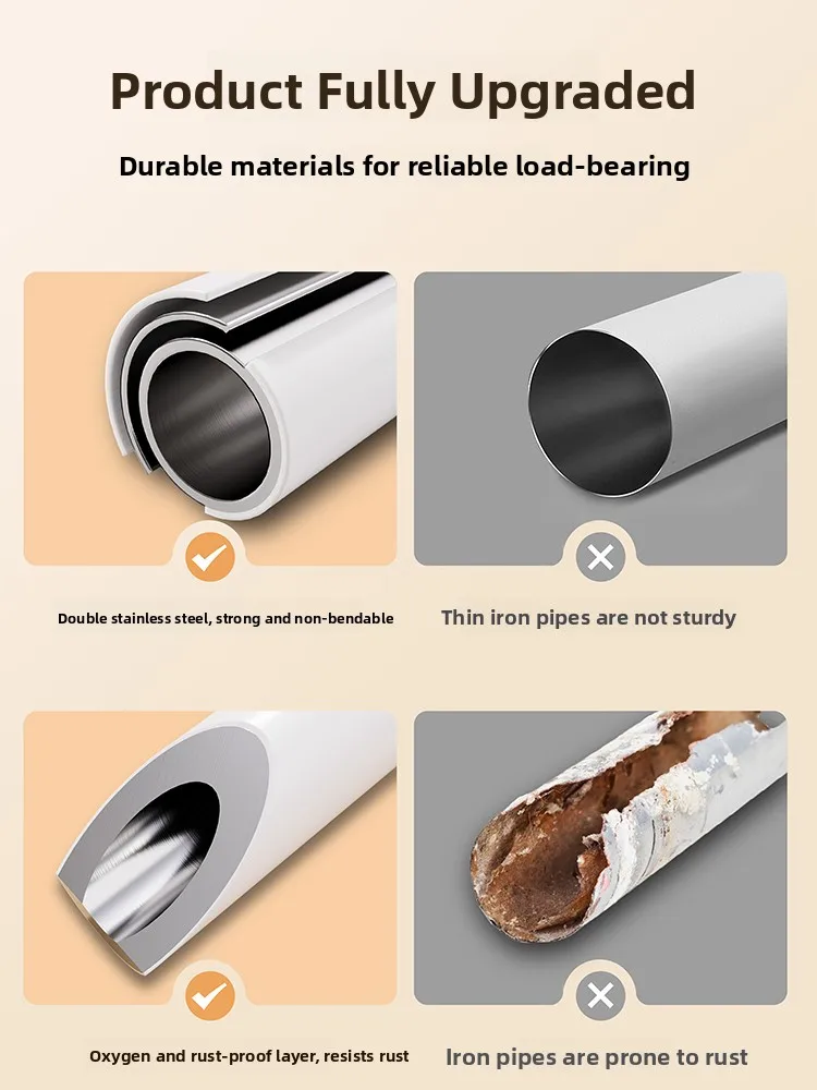 No-Drill Expandable Clothesline Stainl Steel Curtain Rod Door Curtain Rod Wardrobe Support Pole Easy Installation Hook Pro...