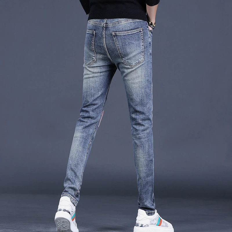 Fashion Striped Patchwork Jeans Men Autumn Casual Blue Slim Fit Straight Leg Denim Pants