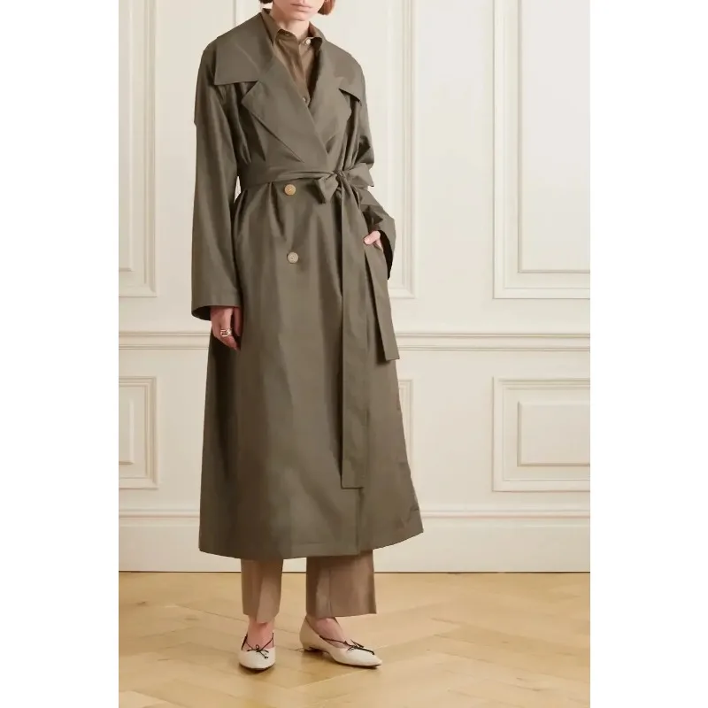 

TheR0w Trench Coats for Women Jackets Silk Blended Winter Season Oversize X-long Turn-Down Collar Army Green High Quality Row