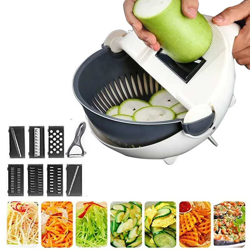 New 9 in 1 Multifunction Magic Rotate Vegetable Cutter with Drain Basket  Large Capacity Vegetables Chopper Veggie Shredder Grater Portable Slicer