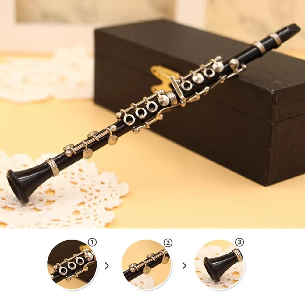 Clarinet Woodwind Instrument Mini Clarinet Model Musical Instrument Miniature Desk Decor Display With Black Leather Box + Bracket