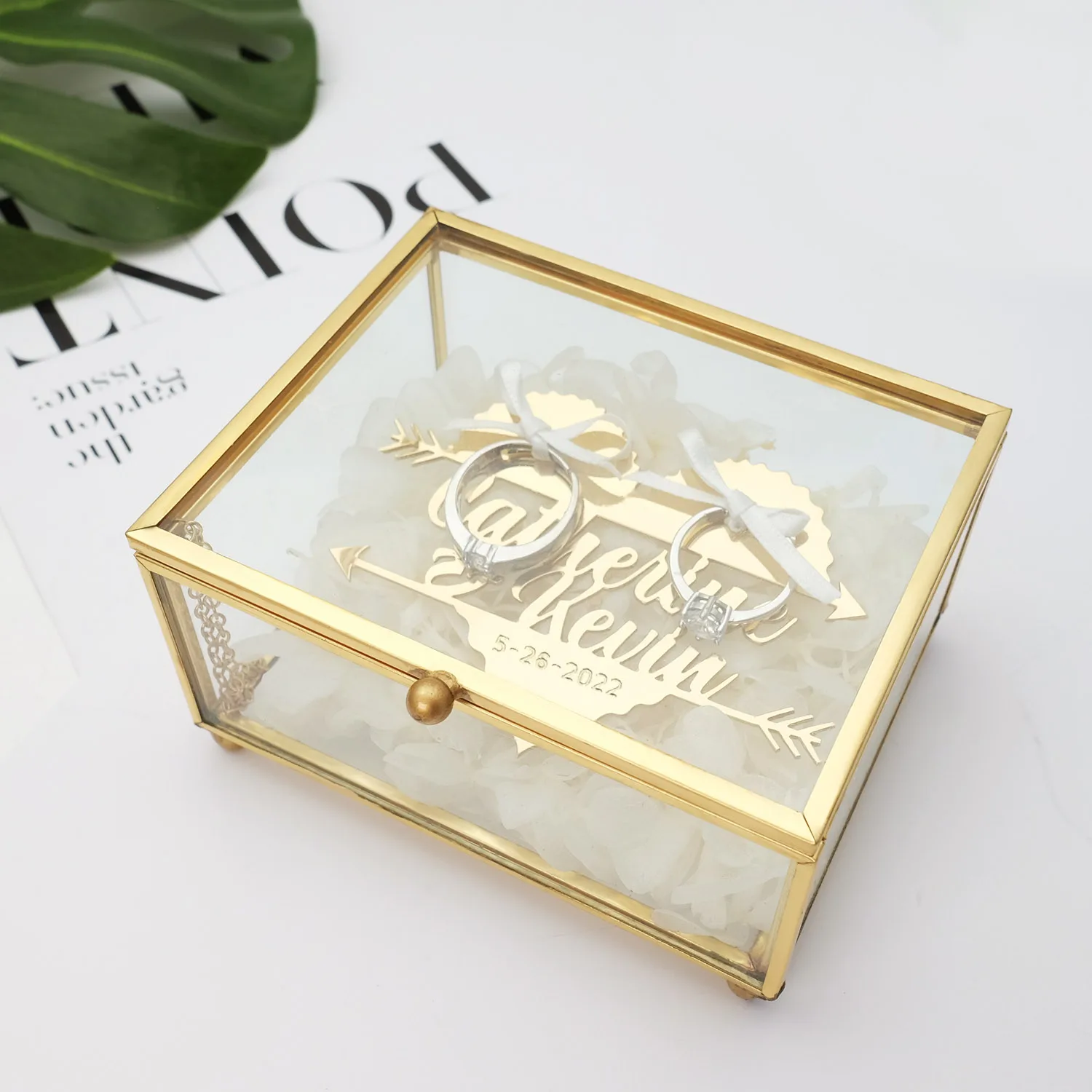 Personalized Wedding Ring Box Custom Rings Holder Glass Box Customized Names Geometrical Jewelry Storage Engagement Gift