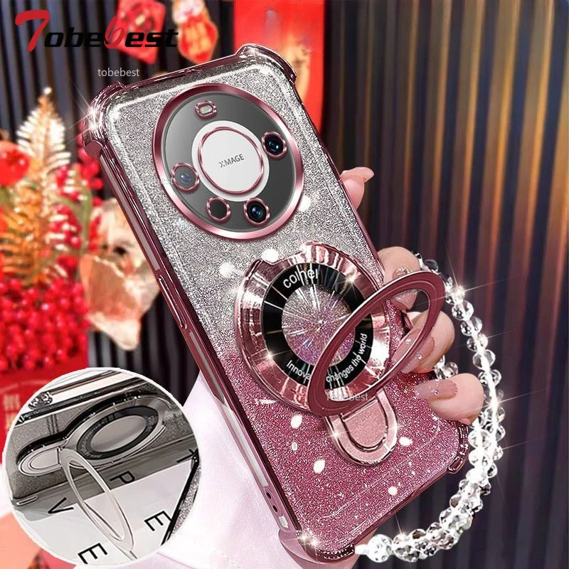Glitter Plating Shockproof Magnetic Holder Phone Case with Bracelet Cover