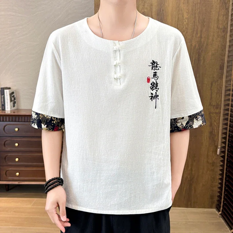 

Men's Summer New Product, Chinese Embroidery Trend, Fashionable and Versatile Linen Short Sleeved T-shirt