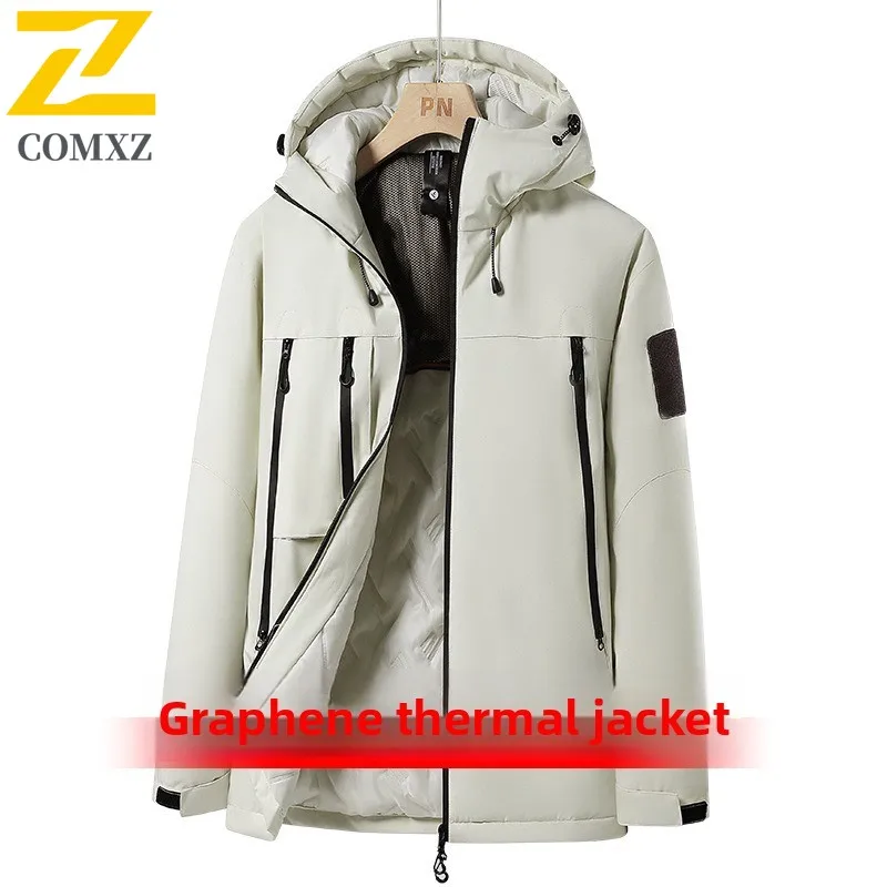 COMXZ Men Graphene Winter Jacket Windproof Waterproof Mountaineering Coat Outdoor Work Parka Detachable Hood Multi-Pocket Design