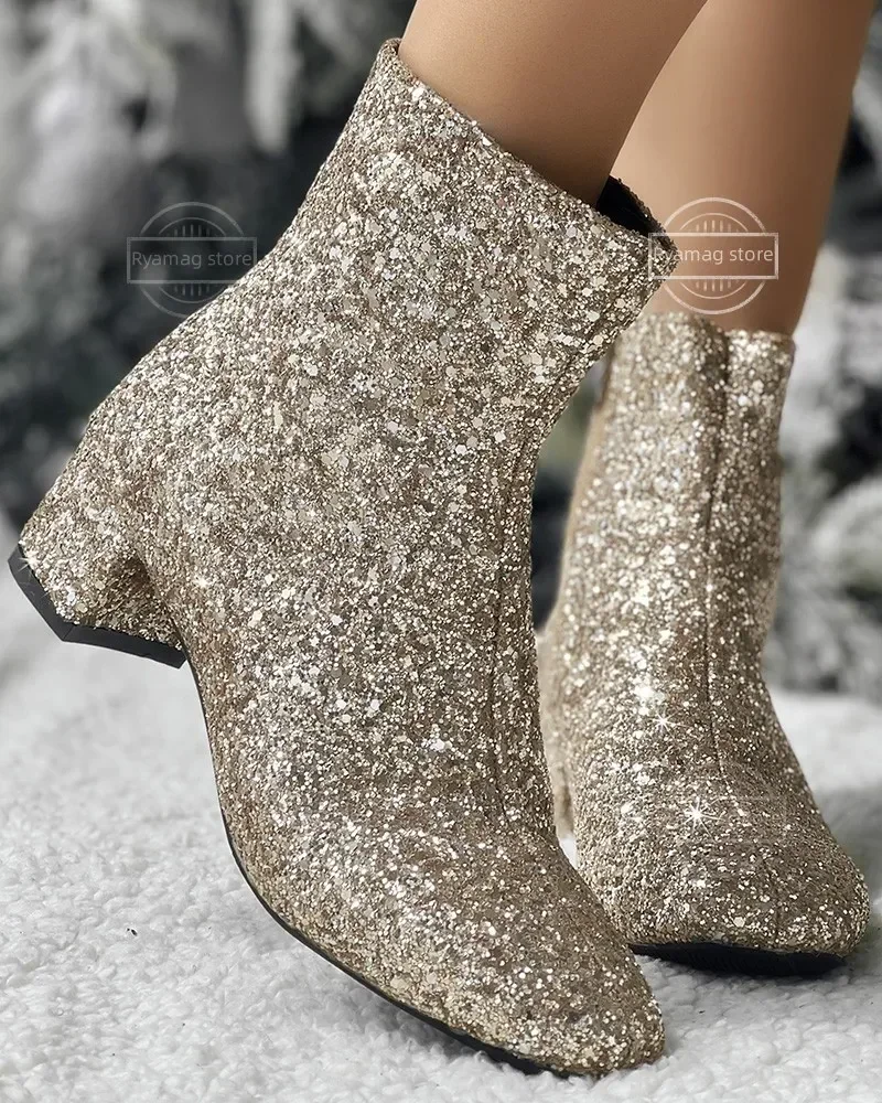 Boots Women Christmas Glitter Zipper Chunky Heel Ankle Boot