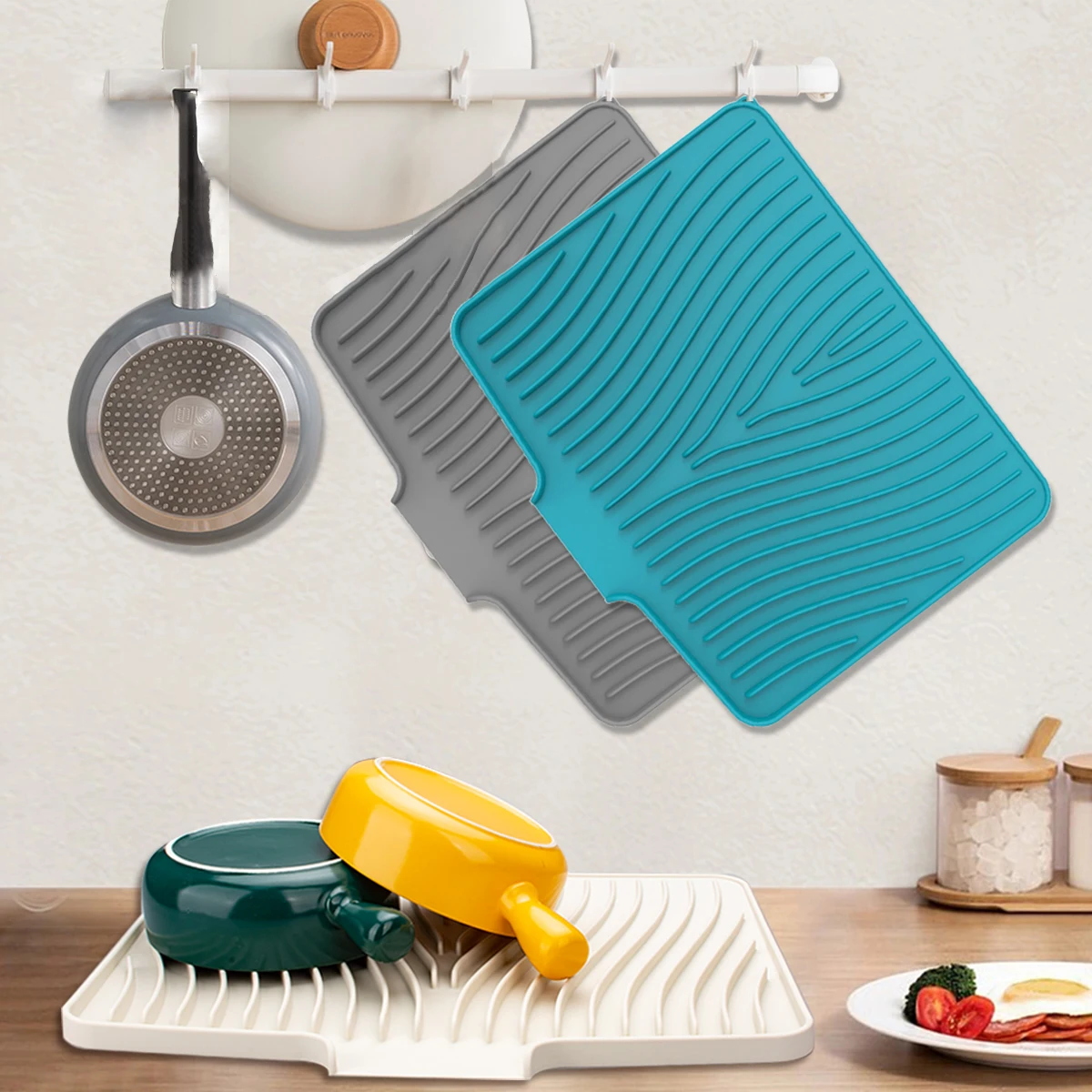 Silicone Dish Drying Mat with Built-in Drain Lip Hygienic Drying