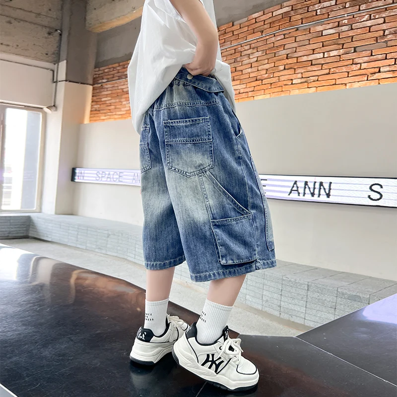 고품질 아동용 여름 Y2K 블루 데님 카고 반바지, 십대 남아 캐주얼 스트리트 바지 5 6 7 8 9 10 11 12 13 14세용