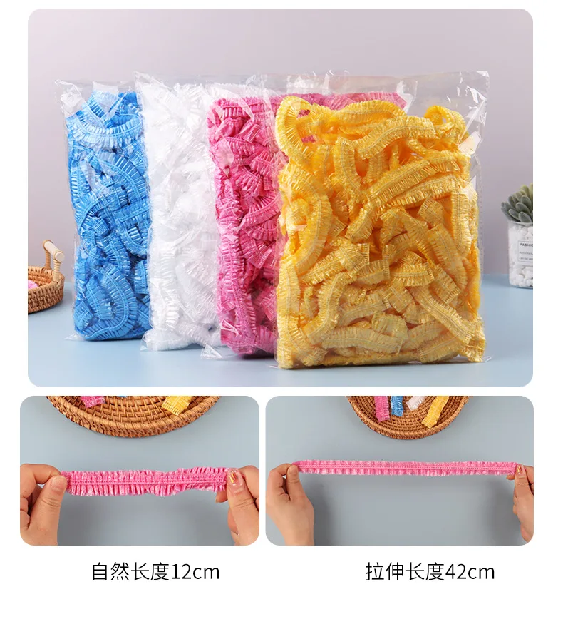 Description Picture 2 of item100Pcs Disposable Shower Cap Elastic Shape Waterproof Bath Hat Beauty Hair Shoe Covers Household Fresh-keeping Bag Kitchen