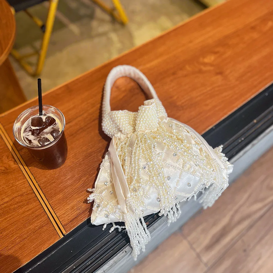 Handmade Pearl Bead Handbag Tassel Bucket Luxury Silk Bag Women Woven Party Wedding Evening Small Box Basket Bag