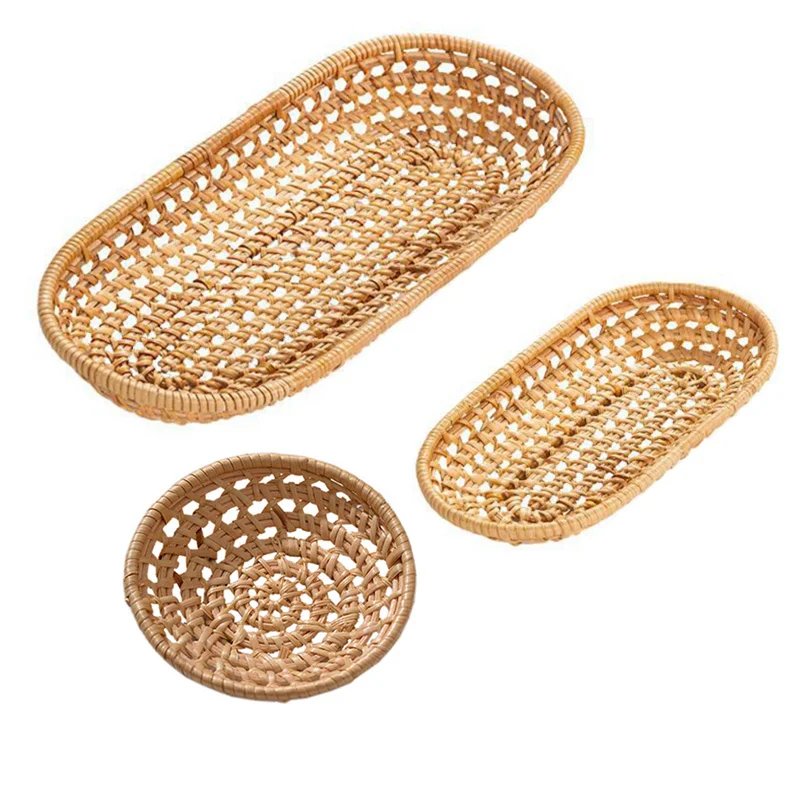 Description Picture 2 of itemRattan Woven Tray Convenience Store Handmade Round Basket Food Craft Rattan Tray for Food Fruit Storage Breadbasket Organizer