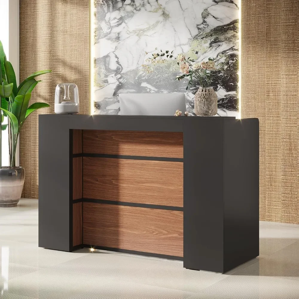 Modern Reception Desk with LED Lights, 63 Inches Front Counter Table for Reception Room, Lobby, Beauty Salon, Retail 3