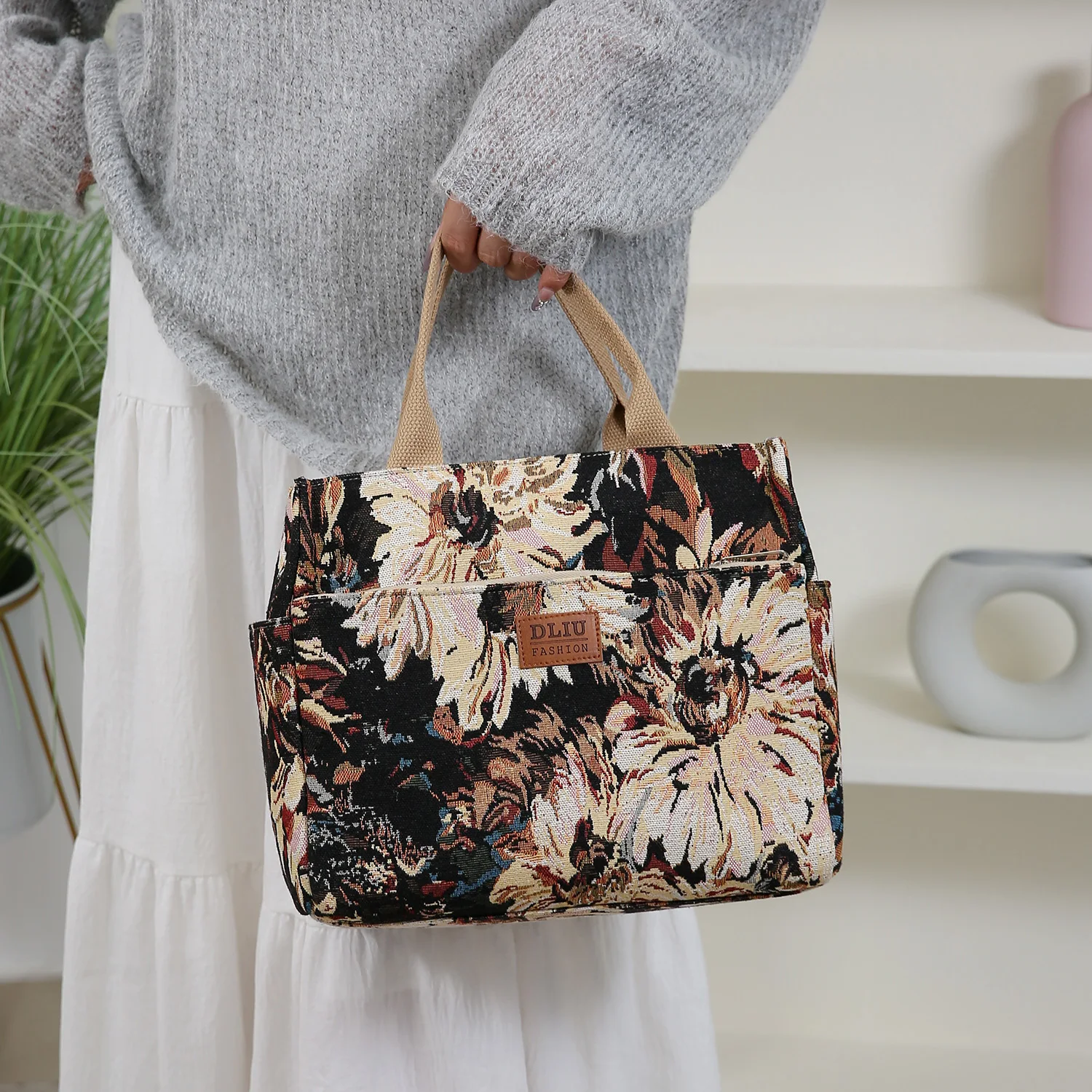 Neue große, dickere Stoffhandtasche, Tragetasche, Einkaufstasche, Allzwecktasche, Lunchbox-Tasche, Bento-Tasche, Blumenmuster – Detail 22