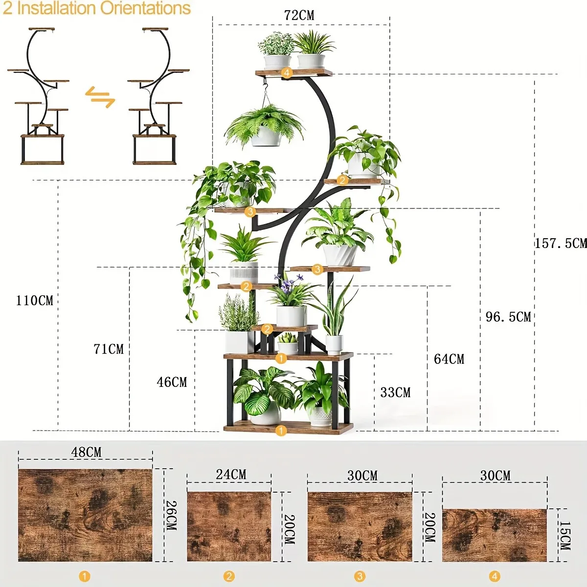 Metal Plant Rack Premium 8-Tier Adjustable Indoor Stand with Grow Lights & Wooden Shelves