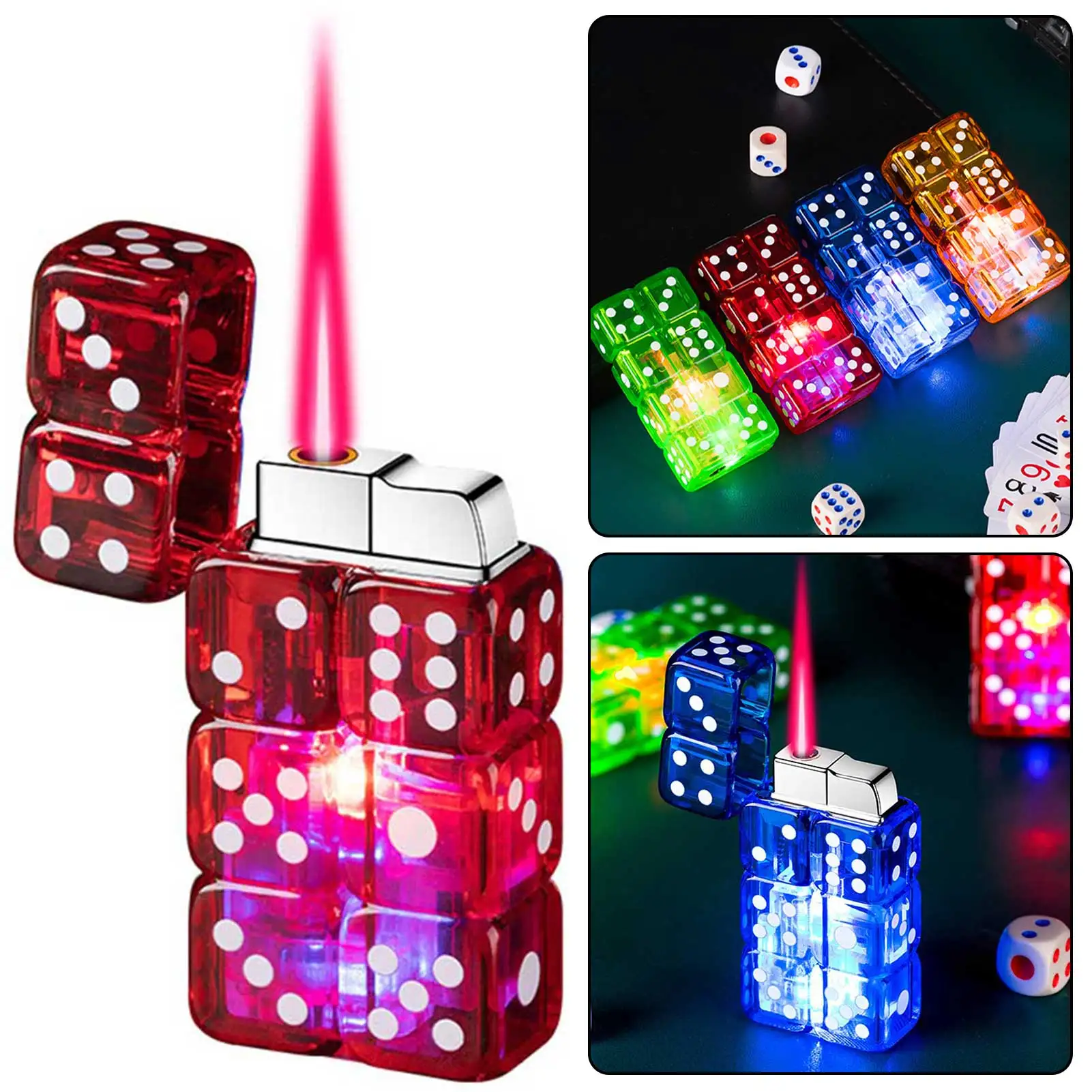 Windproof Red Flame Dice Lighter Transparent Body with Glowing Flashing Light for Camping, Parties, Game Night (Regalo Original)