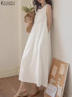 ZANZEA 2024 Summer Holiday Long Dress Solid Sleeveless Pleated Vestidos Korean Fashion Loose Sundress Casual Beach Tank Dresses - Image 2