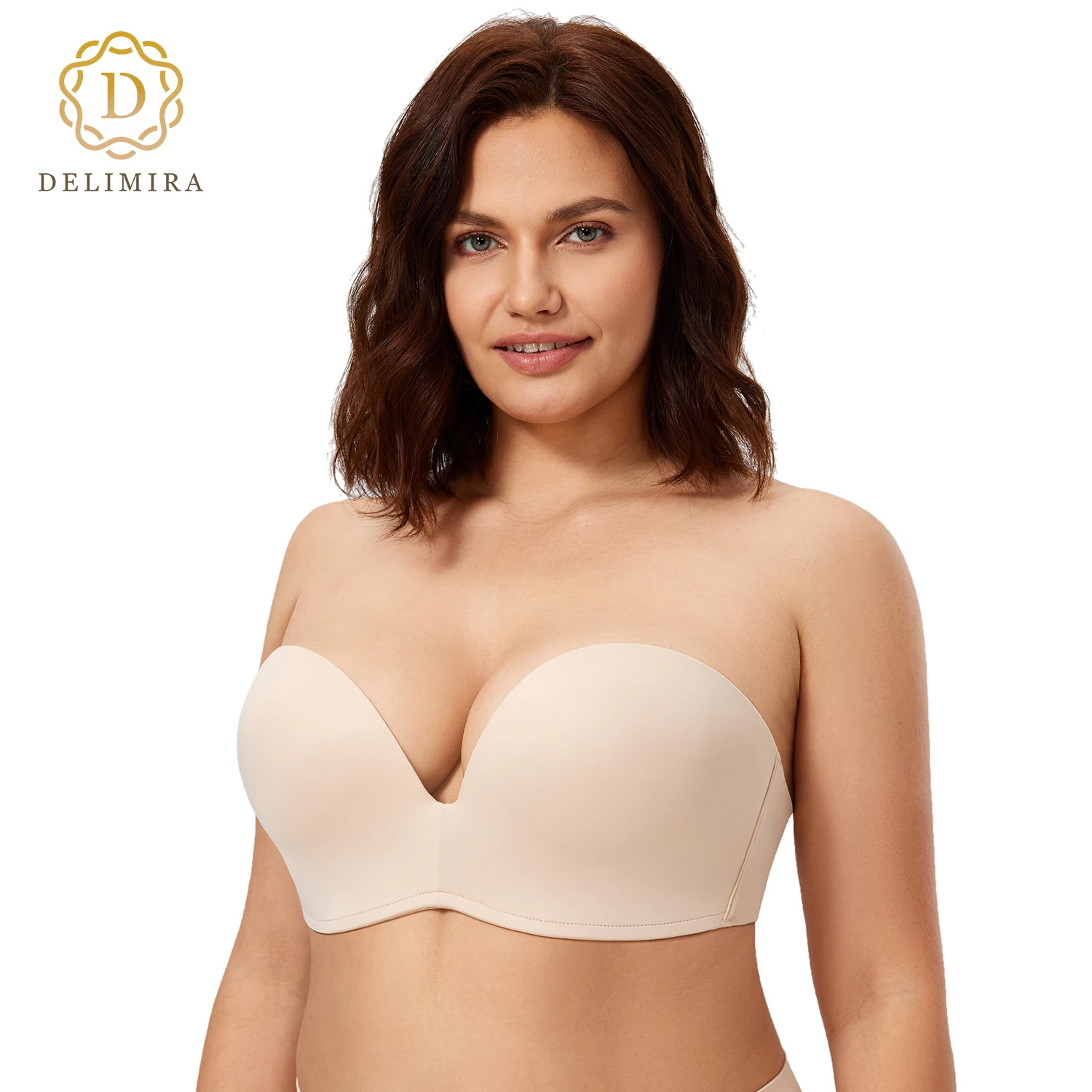 

DELIMIRA Strapless Bras For Women Plus Size Push Up Invisible Silicone Bra Sticky Lined Lift Support Seamless Plunge D DD E F