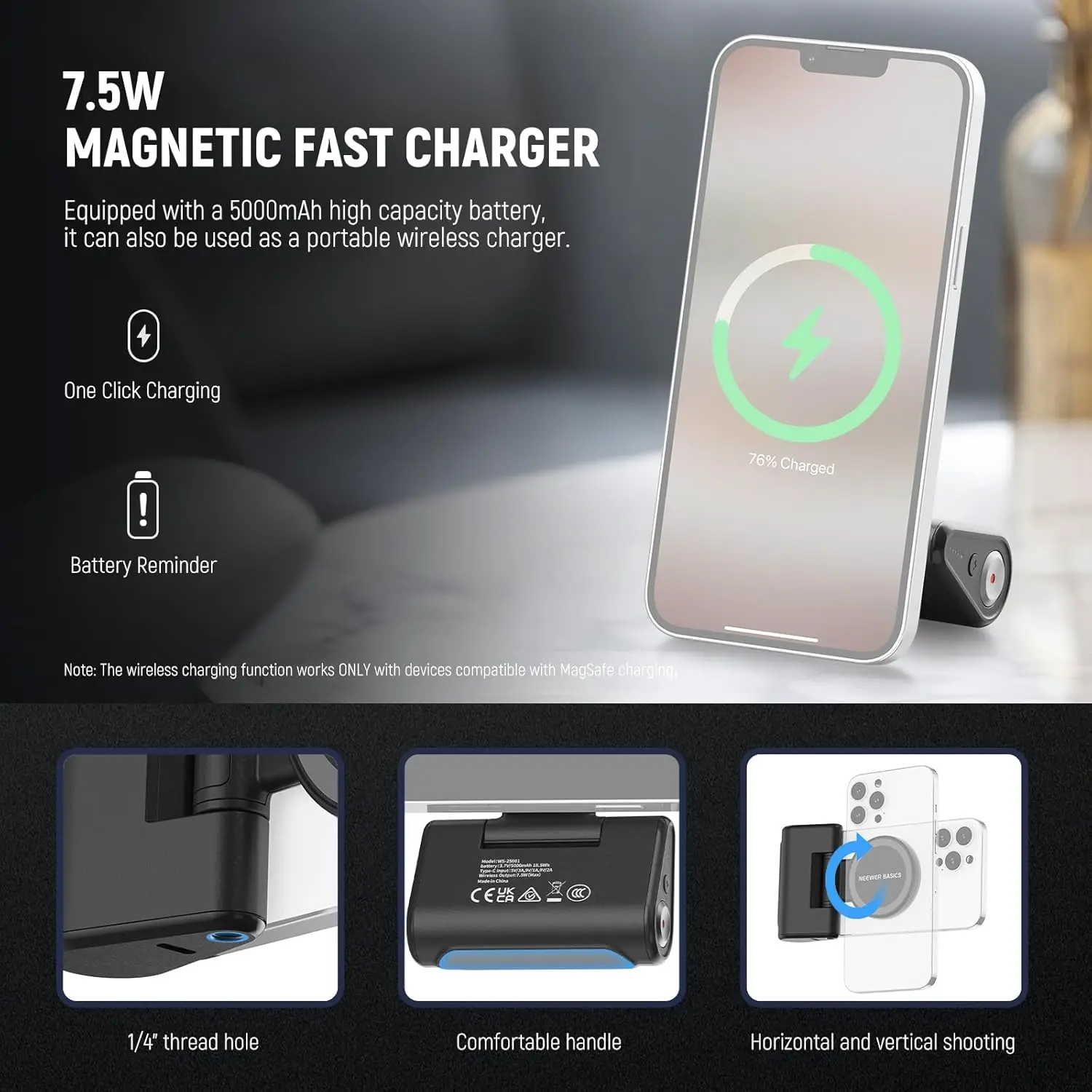 Basics Magnetic Phone Camera Grip Handle Compatible with MagSafe iPhone, 18W Mag