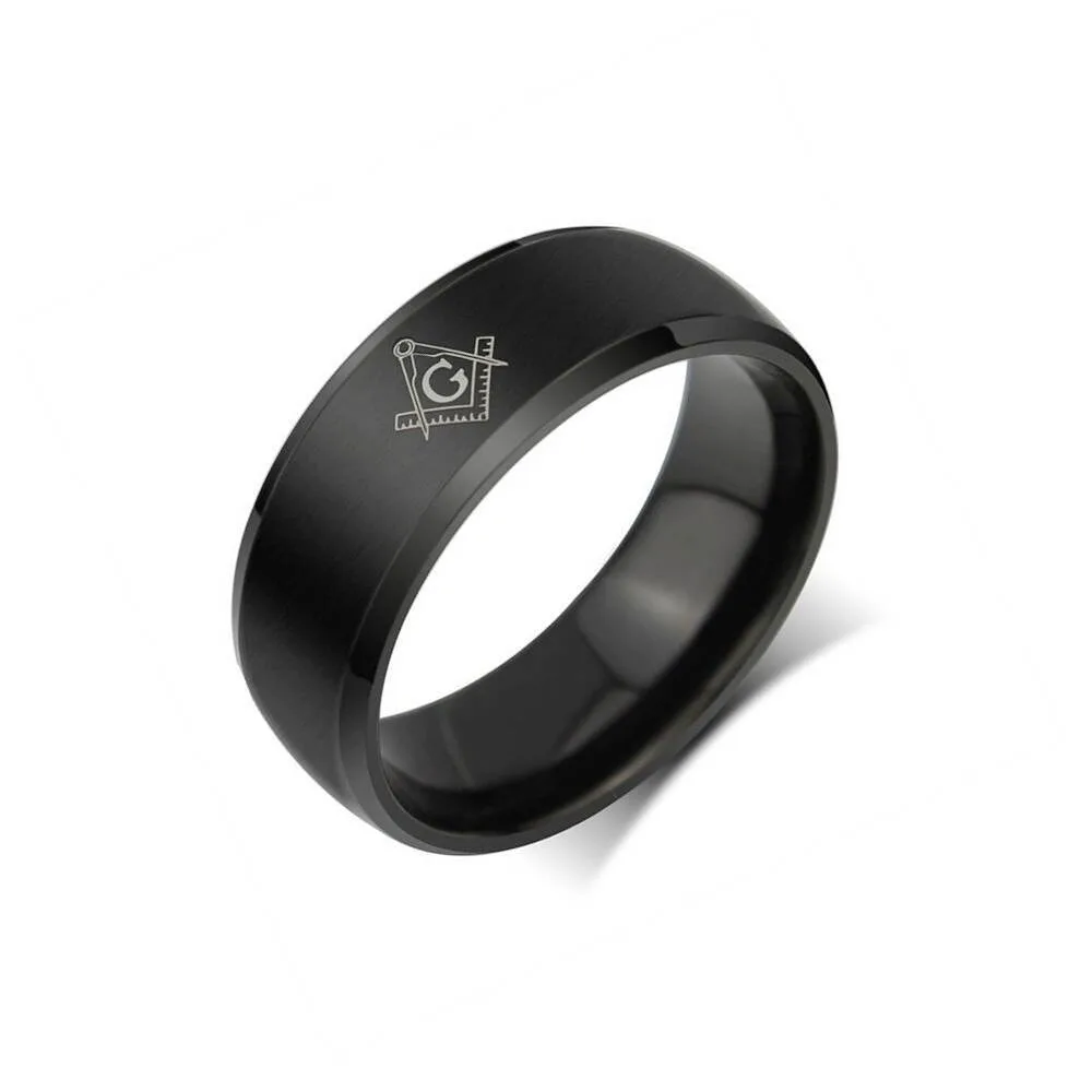 Men's Freemasonry Matte Gold Stainless Steel Ring with Beveled Edge - Polished Hip Hop Punk Design Gift