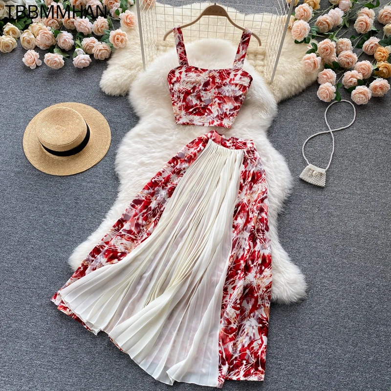 

Summer Bohemian Women Two Piece Set Sexy Strapless Camis Tops + High Waist Patchwork Pleated Skirt Female Vacation Beach Suit