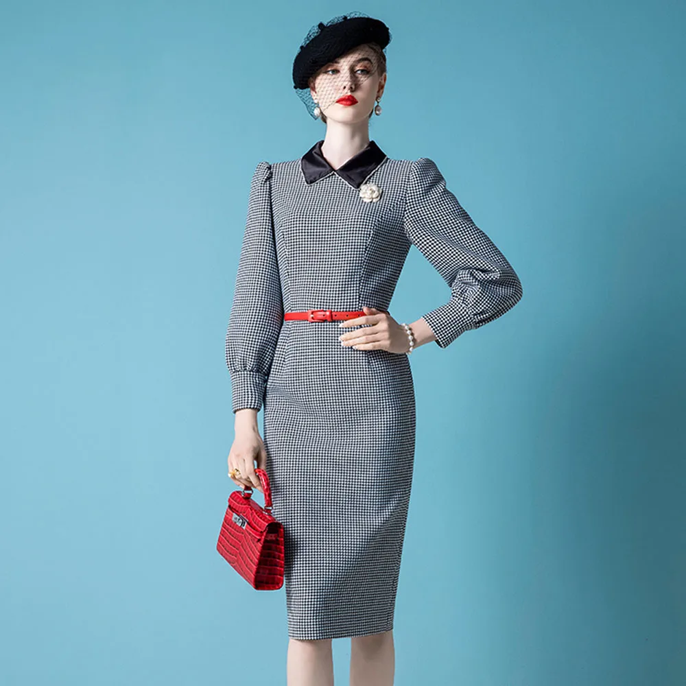 

High End French Gathered Waist Niche Dress Women's Autumn And Winter New Temperament Polo Collar Retro Bubble Sleeve