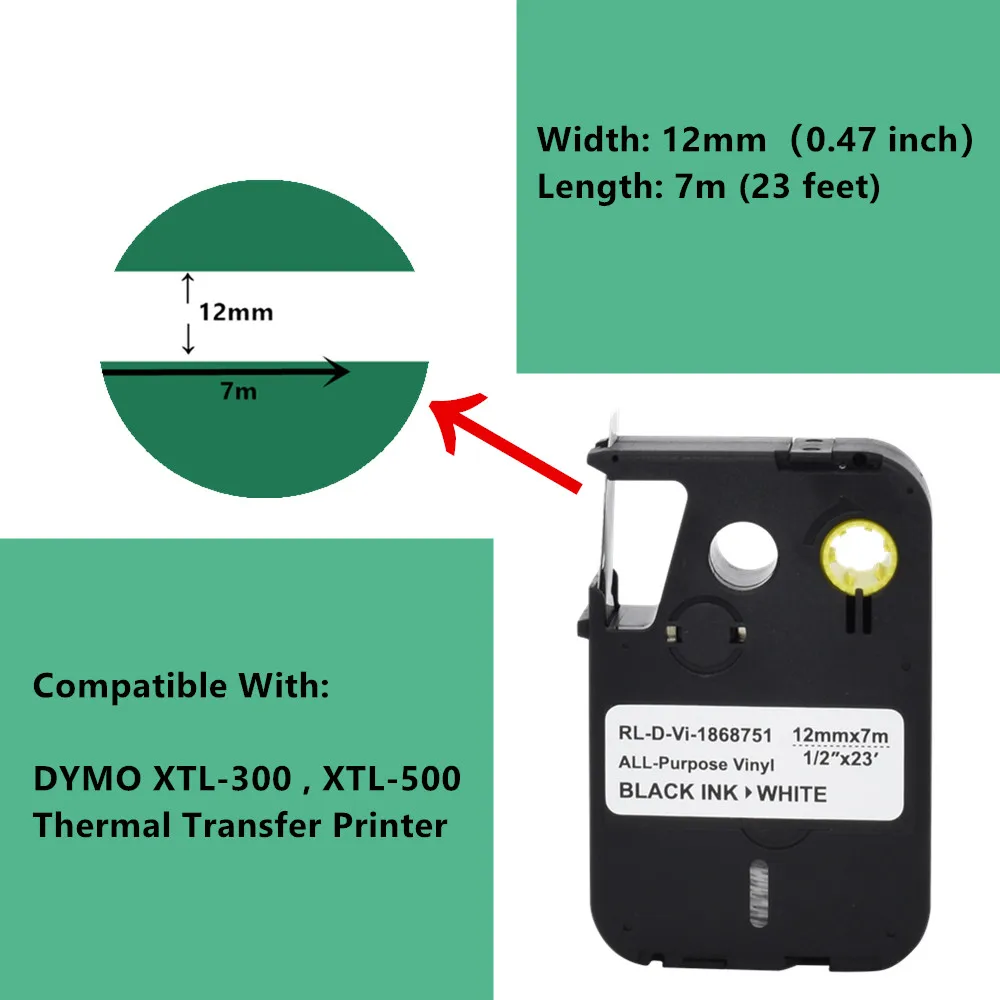 1PK 12mm*7m 1868751 Black on White All-Purpose Vinyl Labels 