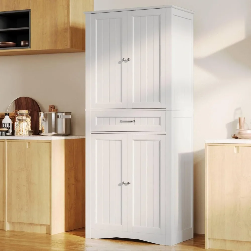 71'' Kitchen Pantry Storage Cabinet, Freestanding Cupboard with 4 Barn Doors and 4 Adjustable Shelves, Kitchen Cabinets
