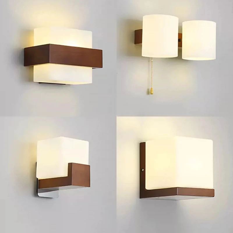 LED Wall Lamp Walnut Color Wood Wall Lamp LED E27 Bulb Bedroom Bedside Wall Light for Living Room Study Stair Corridor Entrance Indoor Fixture