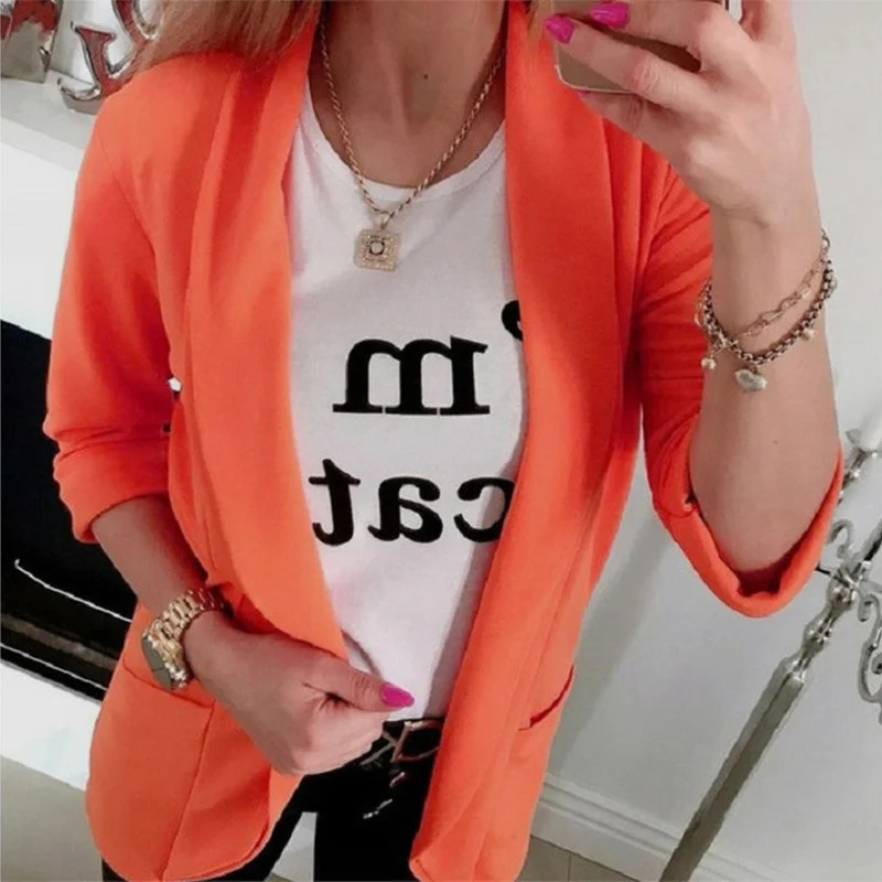 Simple Slim Blazer with Pocket Women Solid Colors Buttonless Lapel Casual Office Blazer  Lady New Work Wear Formal Clothing