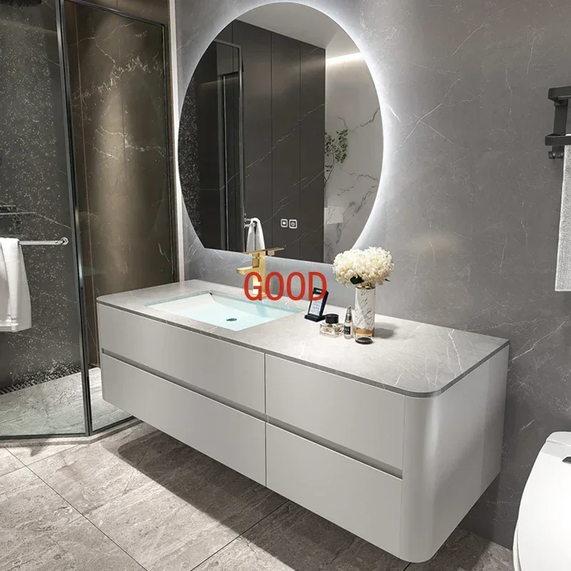 Stone Plate Bathroom Cabinet Solid Wood Wash and Wash Basin Cabinet Combination Washstand Bathroom