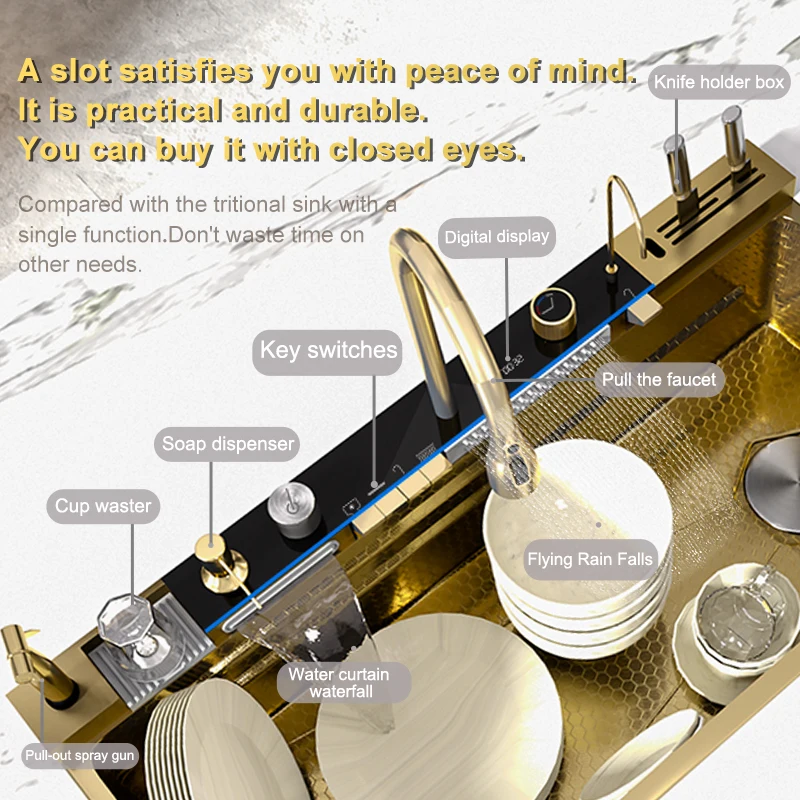 Stainless Steel Waterfall Kitchen Sink Gold Embossed Extra Large Single Slot Digital Display Dishwashing Basin 100x50cm kitchen sink