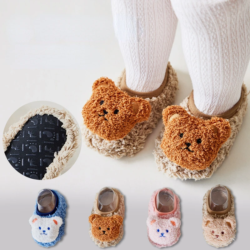 Cartoon Bear Baby Floor Socks Winter Warm Toddler Walking Shoes Kids Soft Sole First Walkers Anti-slip Newborn Infant Crib Shoes Baby Shoes