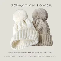 New Winter Twist Knitting Hat For Women Fur Pompom Thick Plush Cap Beanie Solid Color Ladies Warm Ski Snow Skullies Beanies - Image 3