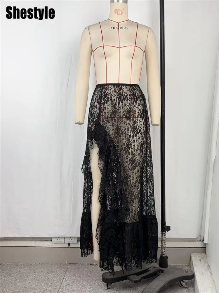 Shestyle Lace Transparent Long Skirts for Women Asymmetrical Floral Ruffles Summer 2025 Nre Stylish Outfits Holiday Slit Elegant 6
