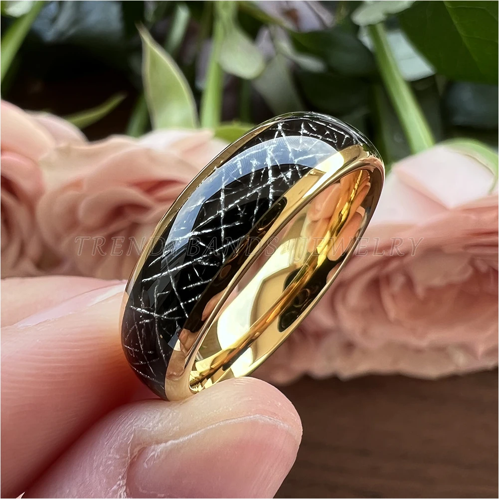 Wood Wedding Band for Women - 6mm Rose Gold Plated Tungsten Ring with Meteorite and Wood Inlay, Wedding Rings for Women, Women's Engagement Rings 10.5