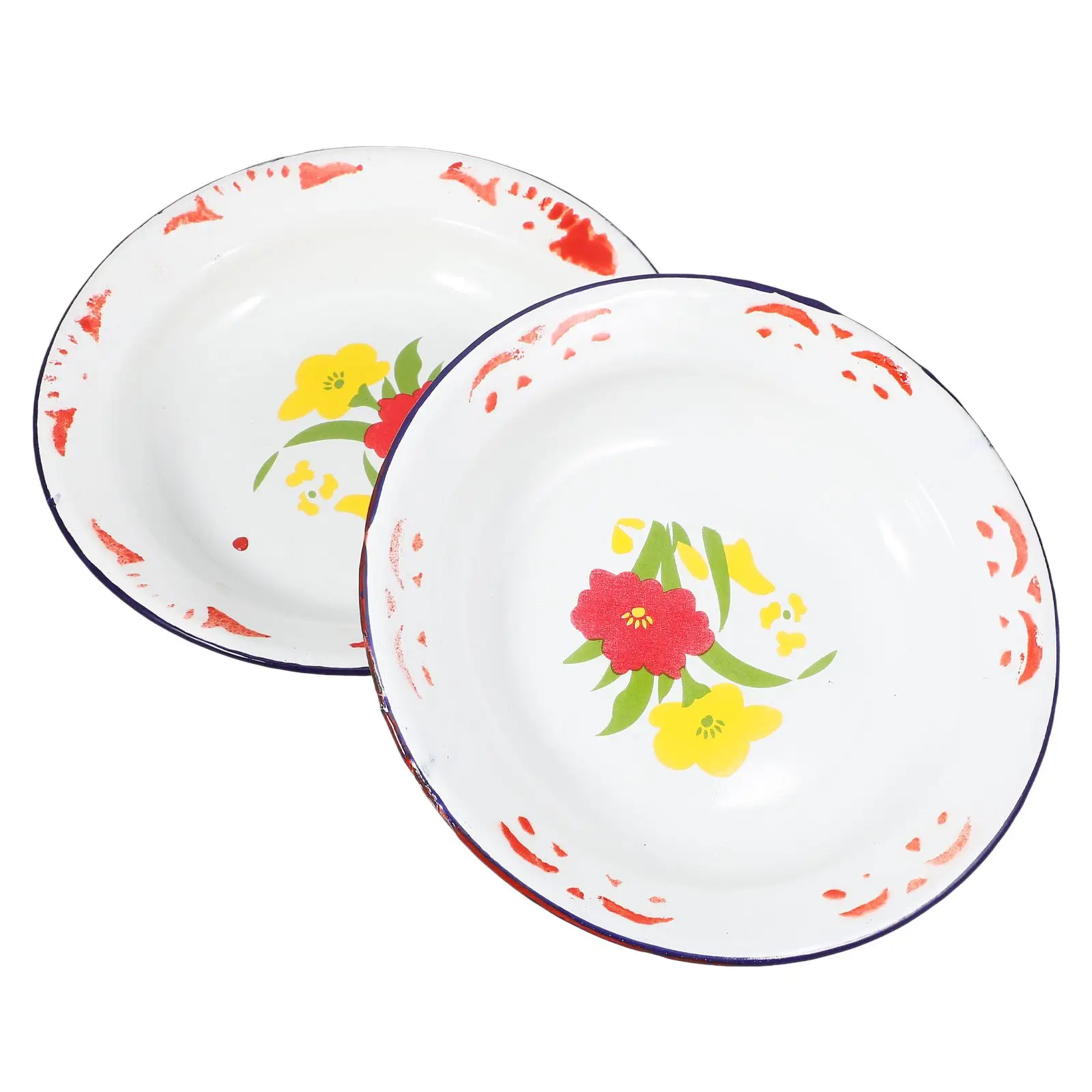 2 Pcs Enamel Plate Vintage Food Tray Camping Dishes Washing Platter Plates Enamelware Salad Enamel Preservation Bowl
